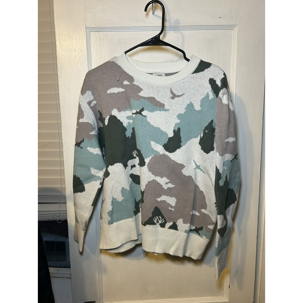 Women's L.L. Bean Cotton Cashmere Sweater Jacquard Camo Moose Landscape Large